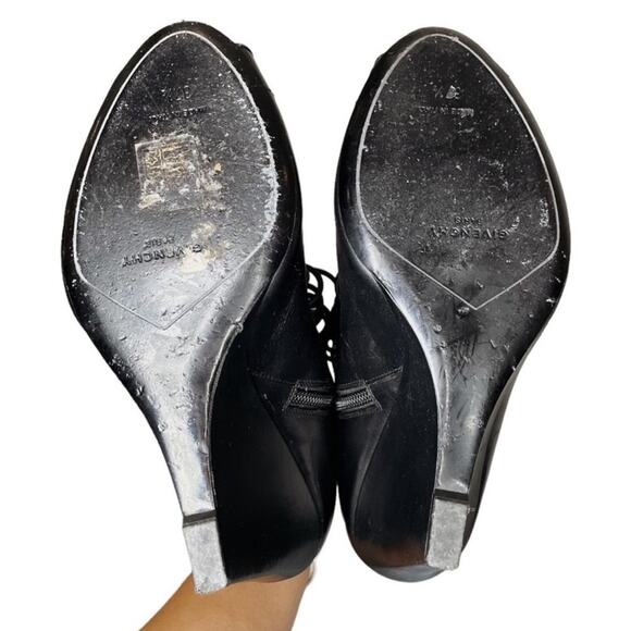 Givenchy Black Leather Lace Up Peep Toe Bondage Wedge Booties - 37.5 - Picture 10 of 10